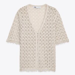 Zara Pointelle Knit Cardigan Pearl Grey V-Neck NWT Feminine cottagecore small